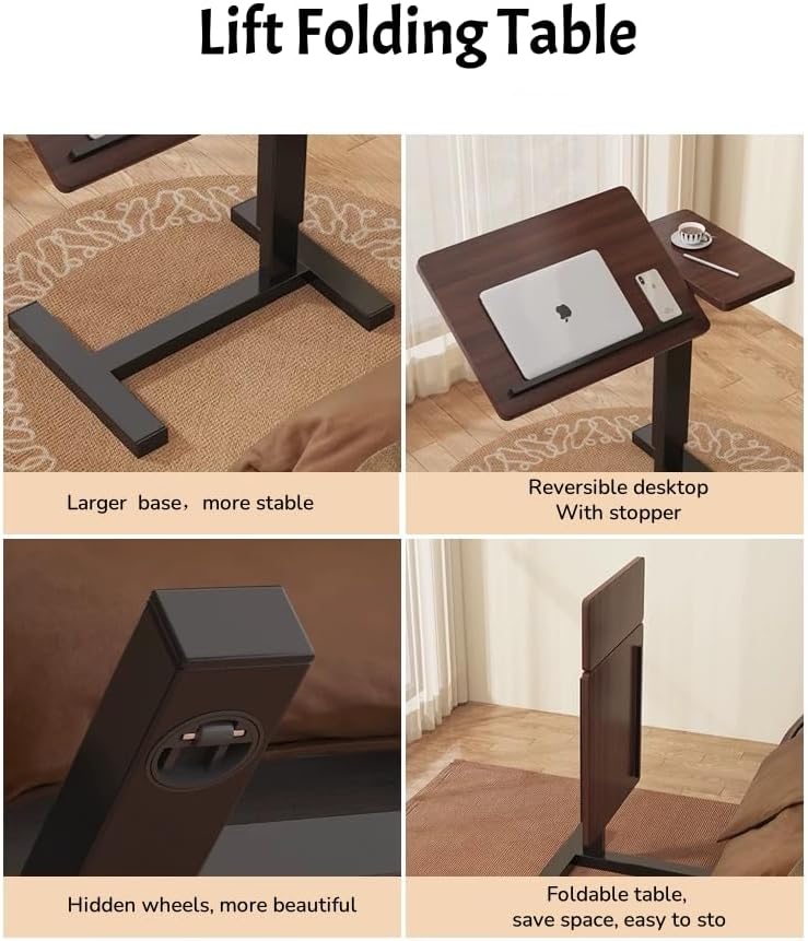 Portable Overbed Rolling Desk, Height Adjustable Mobile Standing Table, Foldable 31 Inch Small Laptop Bedside Desk with Tiltable Desktop, Hidden Wheels, Tray Table for Bed Sofa Side, Walnut+Black