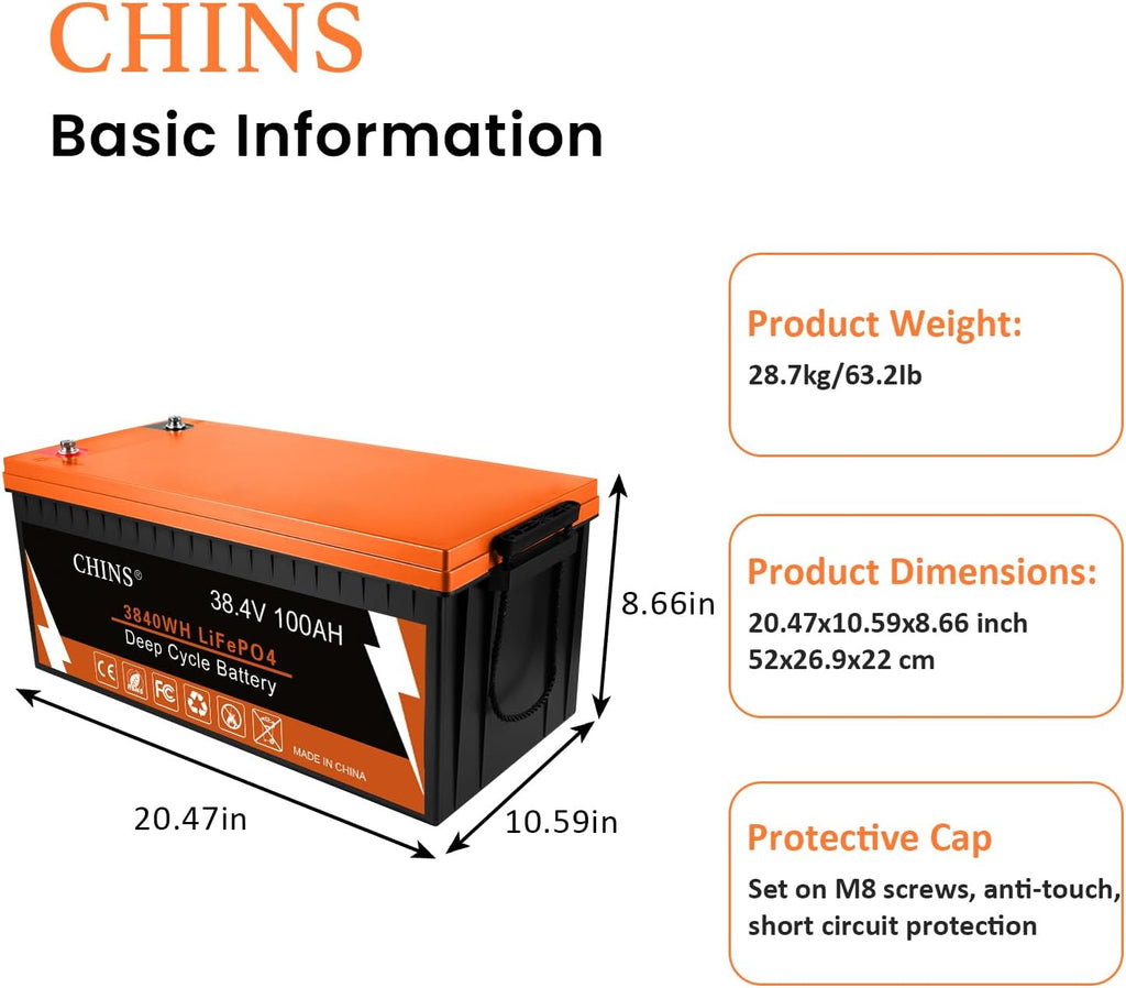 CHINS 36V Lithium Golf Cart Battery, 36 Volt 100Ah LiFePO4 Battery, Built-in Bluetooth 200A BMS, Includes 36V 25A Charger, Monitor, Perfect for Golf Carts