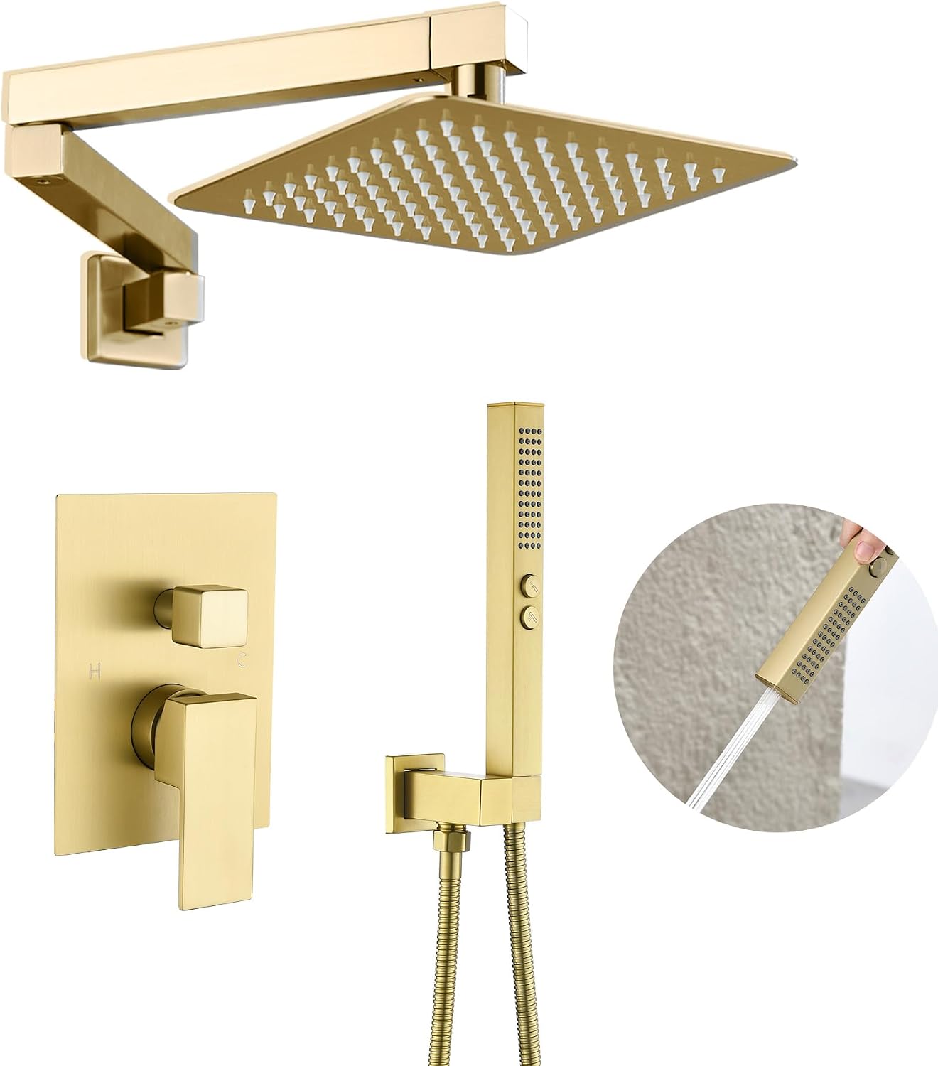 Brushed Gold Shower System with Rain Shower Heads with Handheld Spray Combo, Gold Shower Faucet Set with Rain Shower and Handheld, Gold Shower Head and Handle Set(Shower Valve Kit Included)