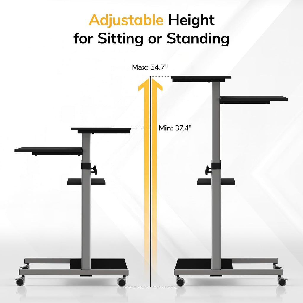 Mount-It! Rolling Desk Adjustable Height up to 54.7', Portable Standing Desk for Laptop or Podium Stand with Wheels, Mobile Roller Presentation Cart, Computer Work Station 27.5' Wide, Locking Wheels