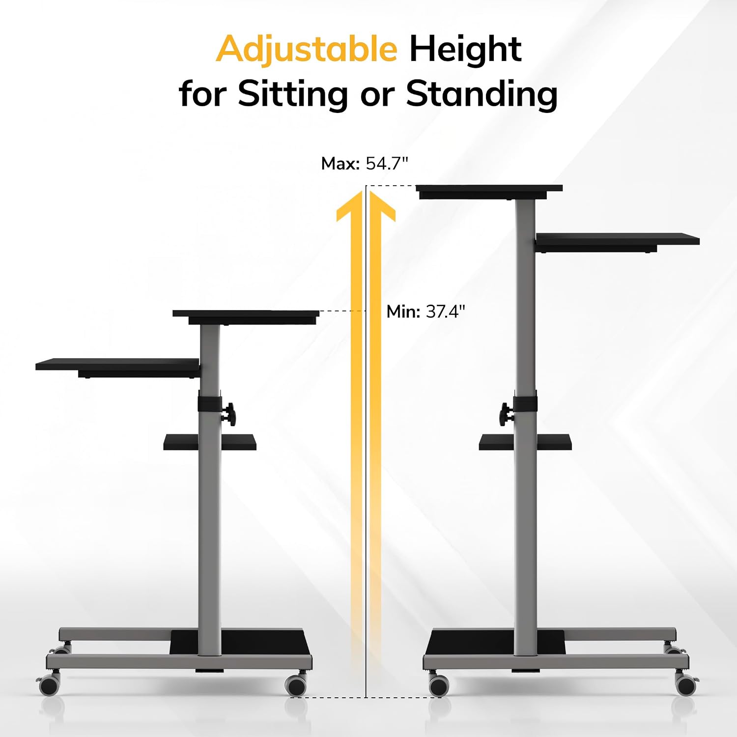 Mount-It! Rolling Desk Adjustable Height up to 54.7', Portable Standing Desk for Laptop or Podium Stand with Wheels, Mobile Roller Presentation Cart, Computer Work Station 27.5' Wide, Locking Wheels