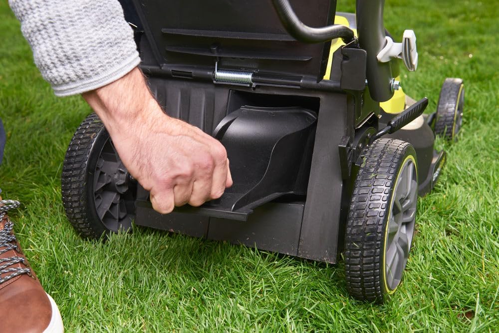 RYOBI One+ RY18LMX37A-150 Cordless Brushless Lawnmower 18V – Width 37 cm, 1 x 5.0Ah Battery + Charger, Mulching or Pickup, Semi-Rigid 45L Tray, Central Adjustment, Ideal 300-400 m²