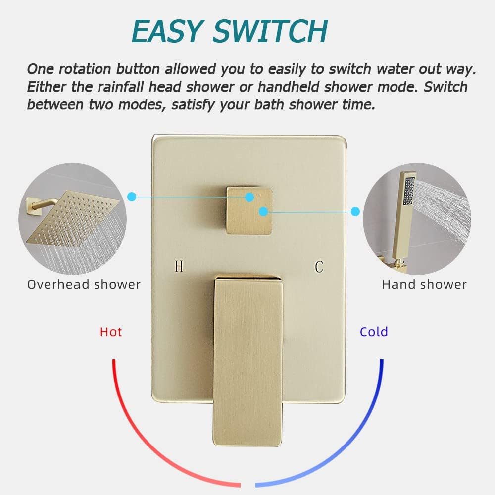 Brushed Gold Shower System 8 Inch Bathroom Luxury Rain Mixer Shower Combo Set Wall Mounted Rainfall Shower Head and Handheld System Shower Faucet Set Rough-in Valve Body and Trim Kit