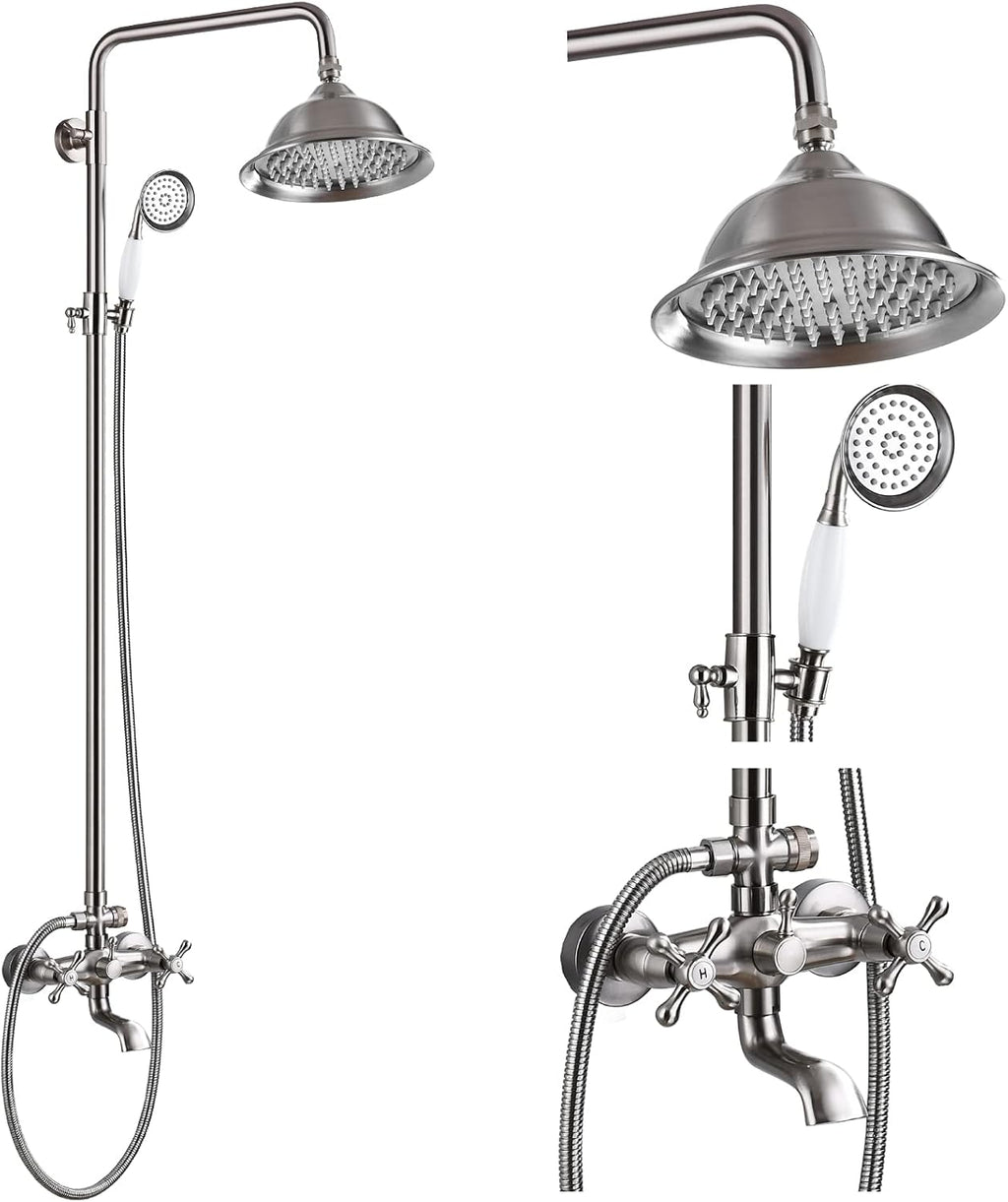 gotonovo Bathroom Exposed Shower Faucet Outdoor Shower System 8 Inch Rainfall Shower Head Set with Tub Spout and Handheld Spray Double Cross Handles Wall Mount without Shower Shelf Brushed Nickel
