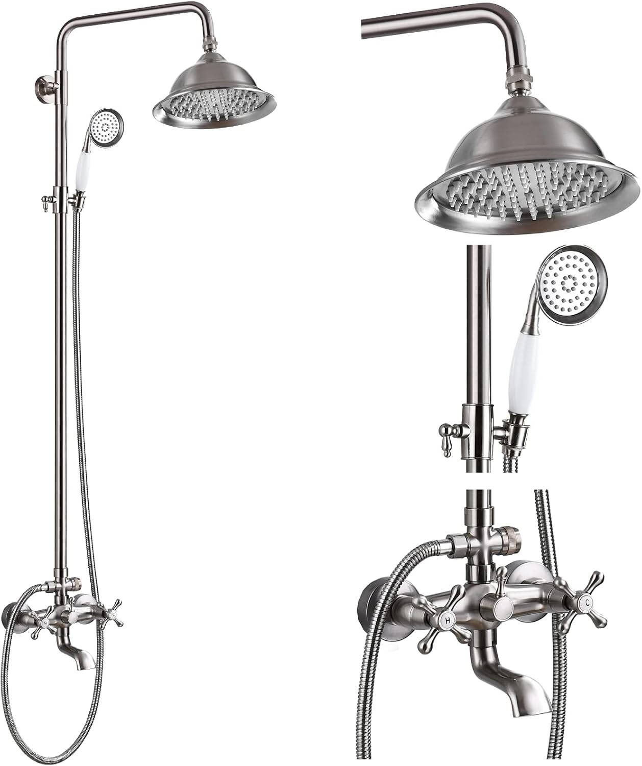 gotonovo Bathroom Exposed Shower Faucet Outdoor Shower System 8 Inch Rainfall Shower Head Set with Tub Spout and Handheld Spray Double Cross Handles Wall Mount without Shower Shelf Brushed Nickel
