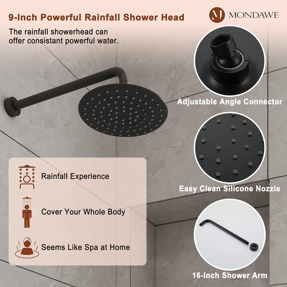 MONDAWE 9 Inch Wall Mounted Shower Faucet Set in Matte Black, Rainfall Shower Head with 3-Setting Handheld Spray Shower Set Combo, High Pressure Shower System with Solid Brass Valve