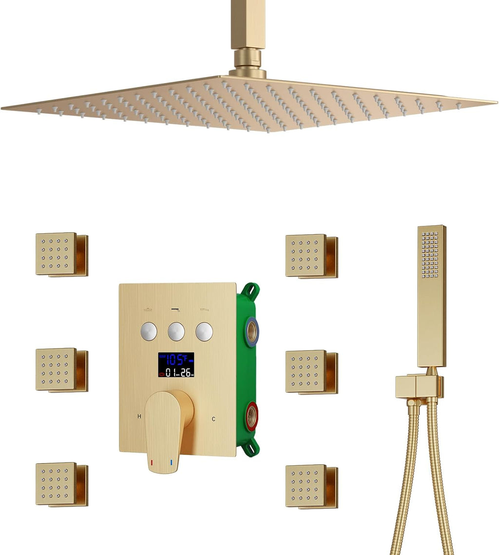 Digital Display Shower Faucet Set With 12 Inch Rainfall Shower Head,Brass Handheld Sprayer And 6pcs Body Jets,Full Body Shower System (Brushed Gold)