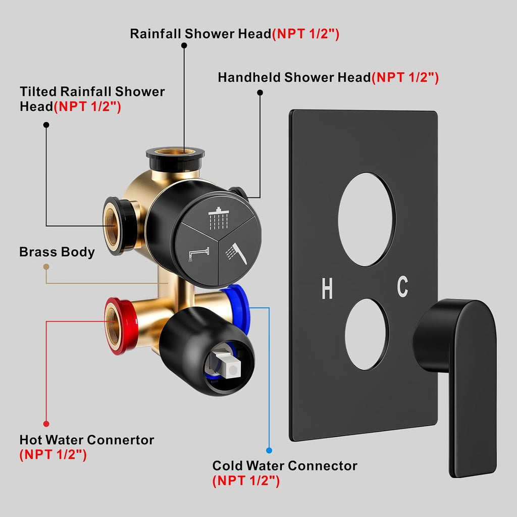 Shower Faucet Set, 3-Setting Push Button Matte Black Shower System, 12 Inch Ceiling Mounted Shower Head, 6 Inch Wall Mounted Rain Shower Head with 2 in 1 Handheld Spray, Shower Valve Trim Kit
