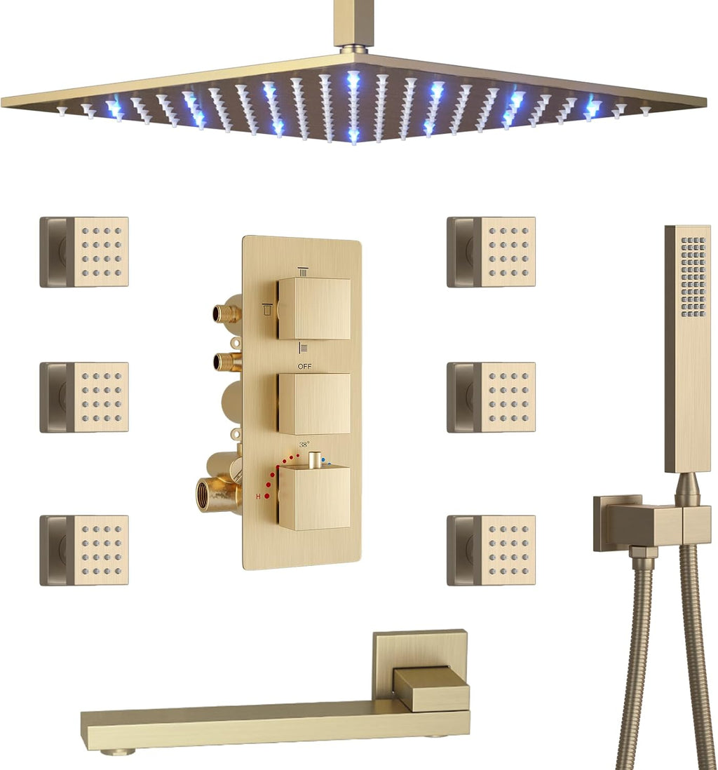 4 Way Thermostatic Shower Diverter System with 12 inch Shower Head and Tub Spout, Brushed Gold Bathroom Shower Faucet Set with 6 Body Jet and Handheld Spray