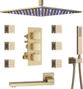4 Way Thermostatic Shower Diverter System with 12 inch Shower Head and Tub Spout, Brushed Gold Bathroom Shower Faucet Set with 6 Body Jet and Handheld Spray
