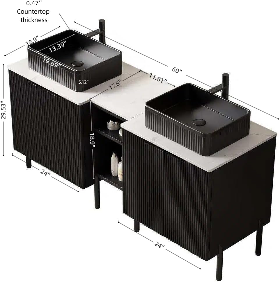 60' Bathroom Vanity with Sink, Modern Bathroom Vanities with 4 Soft-Closing Doors, Freestanding Bathroom Cabinet with Ceramic Basin and Carrara White Sintered Stone Counter Top-Colmar, Black