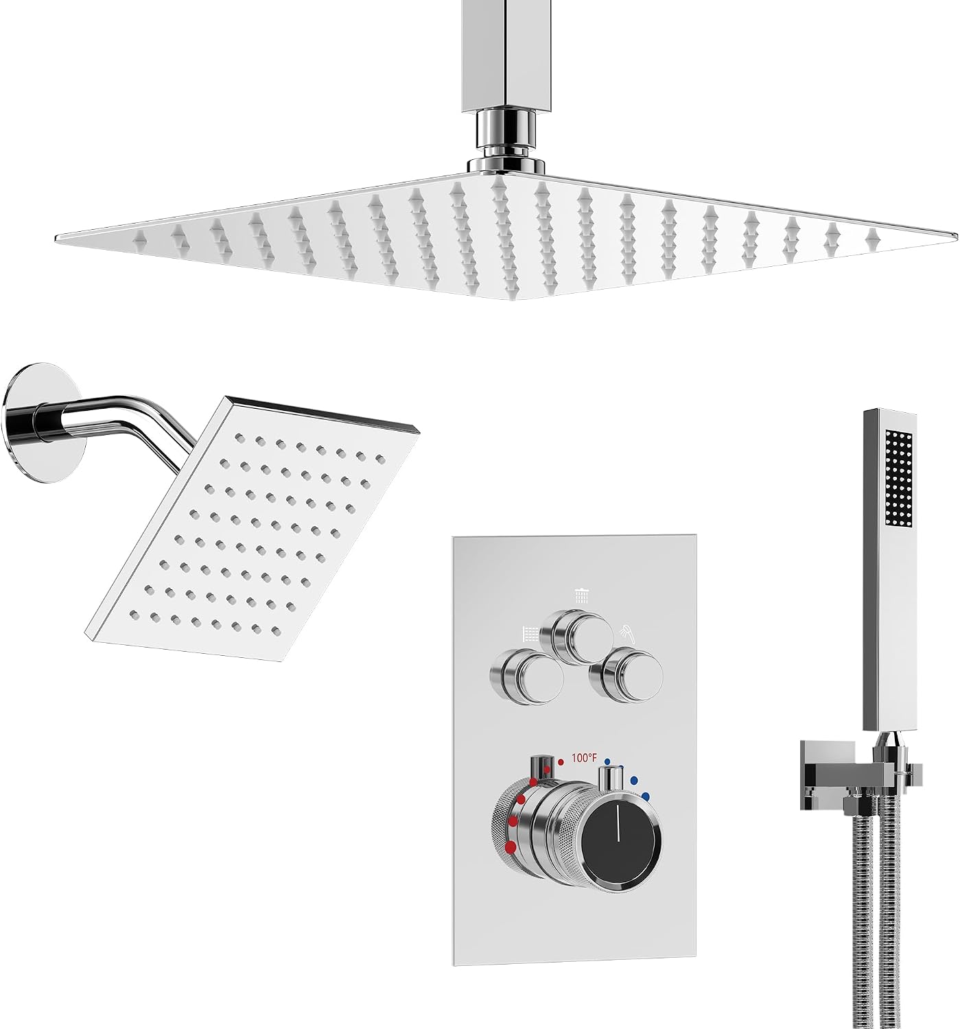 Ceiling Mount 12' High-Pressure Rainfall Shower Faucet, Dual Rainfall Shower Head System with Valve (Polished Chrome)