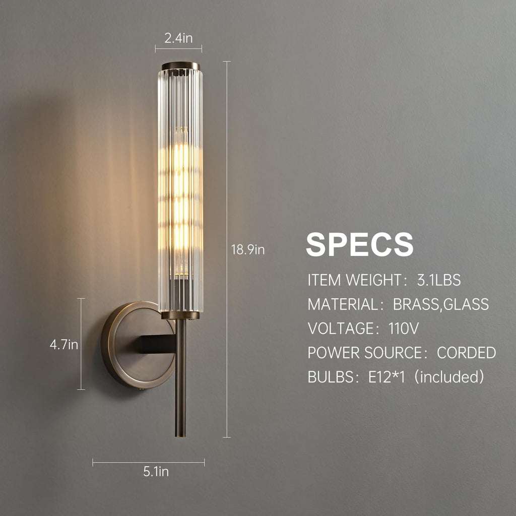 Antique Brass Wall Sconce, Bathroom Vanity Wall Light with Grooved Glass Tube Shade, Vintage Farmhouse Wall Lamp for Hallway, Bedroom, Living Room, and Dining Room Mirrors(Including Bulb)