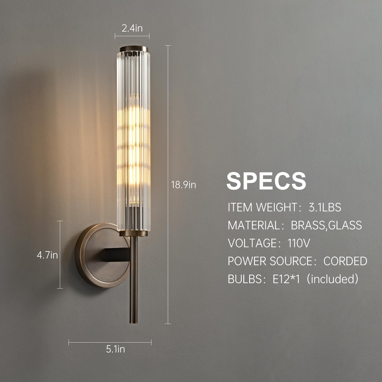 Antique Brass Wall Sconce, Bathroom Vanity Wall Light with Grooved Glass Tube Shade, Vintage Farmhouse Wall Lamp for Hallway, Bedroom, Living Room, and Dining Room Mirrors(Including Bulb)