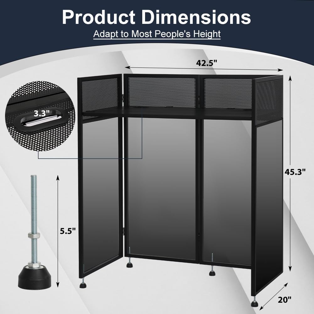 Kokorona Portable DJ Booth 43'L x 20'W x 45'H, DJ Facade Booth with Black & White Scrims, Folding DJ Booth for Party, DJ Facade Table Booth with Cable Hole, Black Metal Frame + Carry Bag
