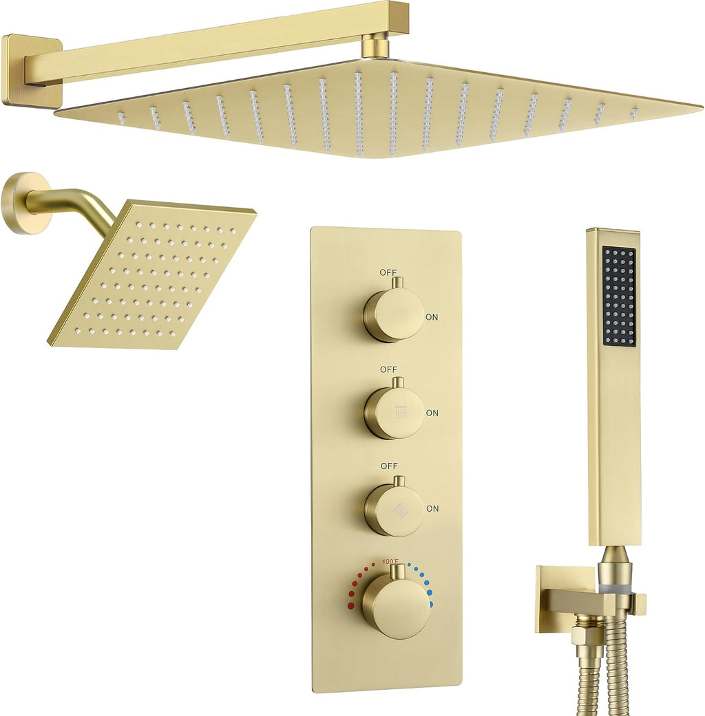16' Thermostatic Dual Rainfall Head Shower System with Handheld & Valve, 16-Inch Shower Faucet Set with 6-Inch Shower Head, JetsBath Brushed Gold Full Body Shower System for Couples/2-Person