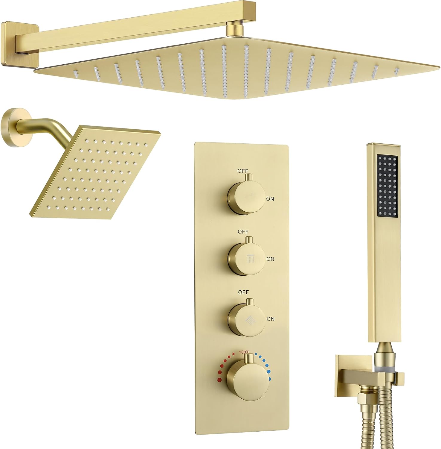 16' Thermostatic Dual Rainfall Head Shower System with Handheld & Valve, 16-Inch Shower Faucet Set with 6-Inch Shower Head, JetsBath Brushed Gold Full Body Shower System for Couples/2-Person