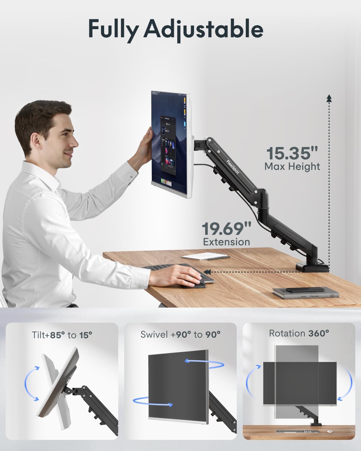 FLEXISPOT EN2 48''x24'' Standing Desk with Monitor Mount Bundle, One-Piece Desktop, Fully Adjustable Single Monitor Arm with Cable Management, Bundle for Home Office, Gaming & Study, White
