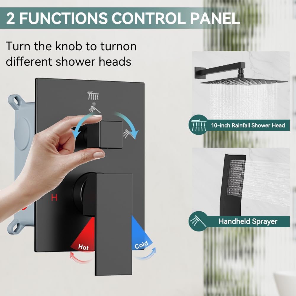 Shower Faucet Set Shower System, STARBATH 10' Wall Mount Rain Shower Head and Handheld Spray for Two Person, Rainfall Shower System with Diverter Valve and Trim Kit Complete,Matte Black