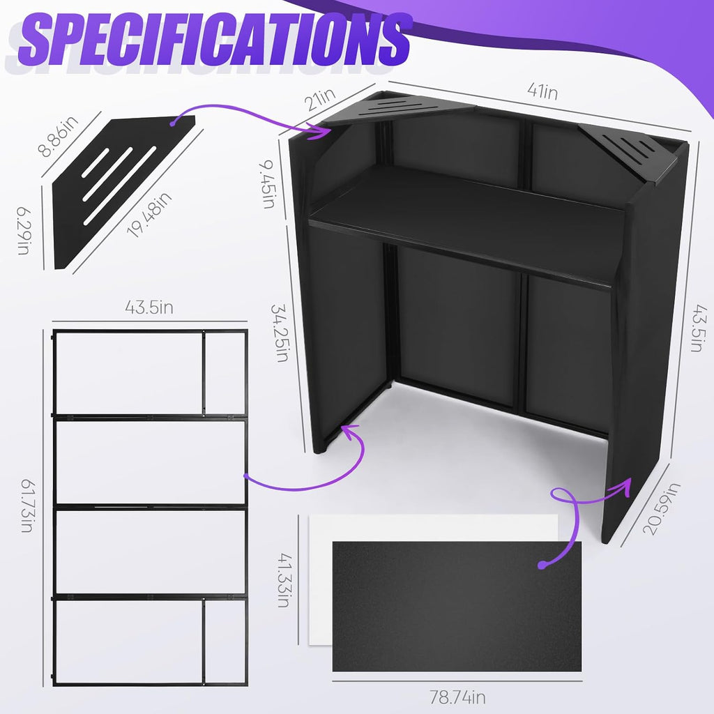 Portable DJ Facade Table Station, 44'x41'x21' DJ Event Booth Facade with Black & White Scrim, Metal Foldable Frame DJ Stand with Carrying Bag