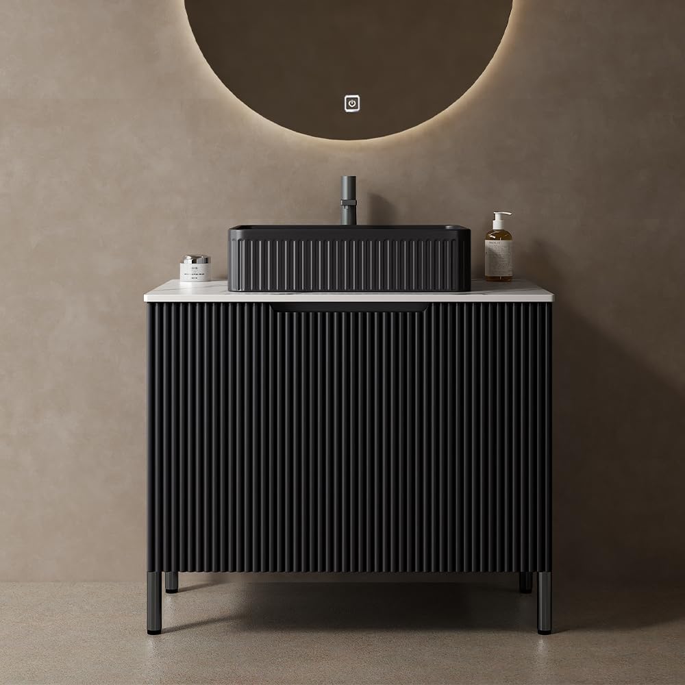30' Bathroom Vanity with Sink, Modern Bathroom Vanities with 2 Soft-Closing Doors, Freestanding Bathroom Cabinet with Ceramic Basin and Carrara White Sintered Stone Counter Top-Colmar, Black