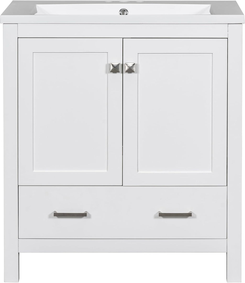 LUMISOL 30' Bathroom Vanity Set with Sink, Solid Wood Bathroom Cabinet with One Drawer and Two Doors, Multi-Function Storage Organizers, Undermount Sink Basin, White