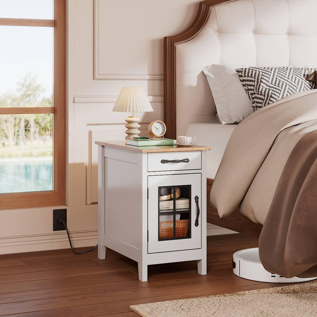 WLIVE End Table with Charging Station, Narrow Side Table for Living Room, Farmhouse Night Stand with Storage, Small Wooden Cabinet Nightstand with USB Ports and Outlets, 23.7' D x 13.78' W x 23.7' H