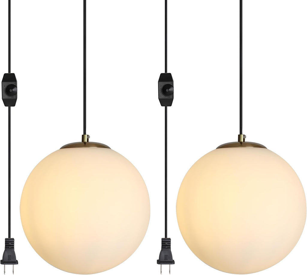 2 Pack Gold Plug in Globe Pendant Lights, Mid Century Light Fixture with Milk Glass, Modern Chandelier, Large Hanging Ceiling Light for Kitchen, Bedroom, Living Room, Dinning Room, Hallway