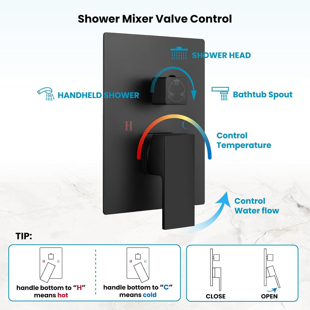 gotonovo Rain Shower Faucet System Set Rainfall Shower Head with Handheld Sprayer Waterfall Tub Spout Wall Mounted Mixer Combo Rough-in Valve and Trim Included 8 Inch Showerhead Matte Black
