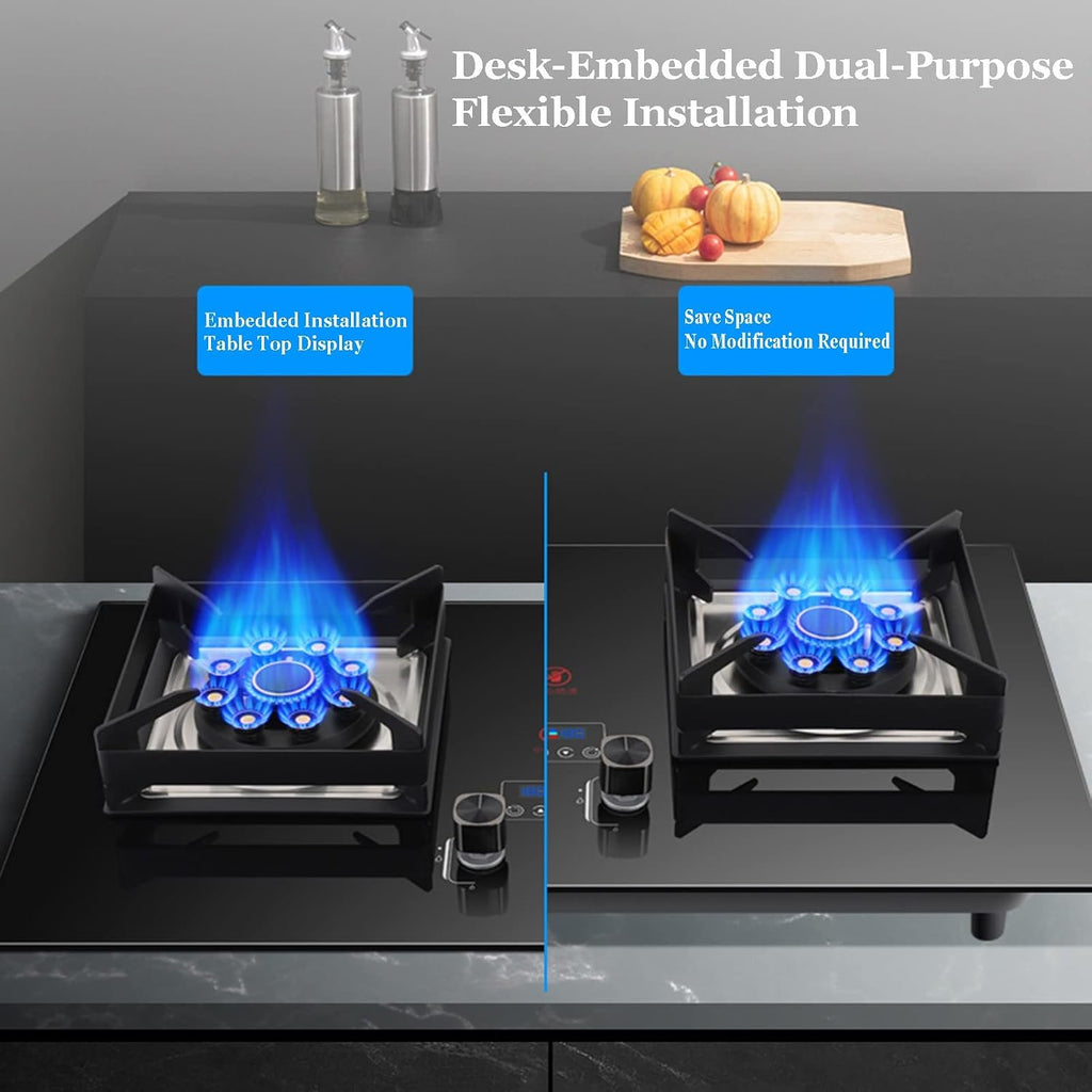 Tabletop/built-in Gas Stove,17760 BTU LPG/NG Tempered Glass Gas Cooktop 2 Burners,Flameout Protection,Suitable for Home and Commercial Use (Size : NG)