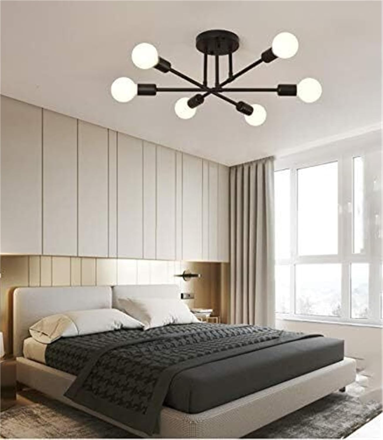 Vintage Industrial 6-Light Semi-Flush Ceiling Light, Black Wrought Iron Chandelier Close to Ceiling Lights Fixture for Dining Room, Kitchen, Living Room, Hallway, Entryway