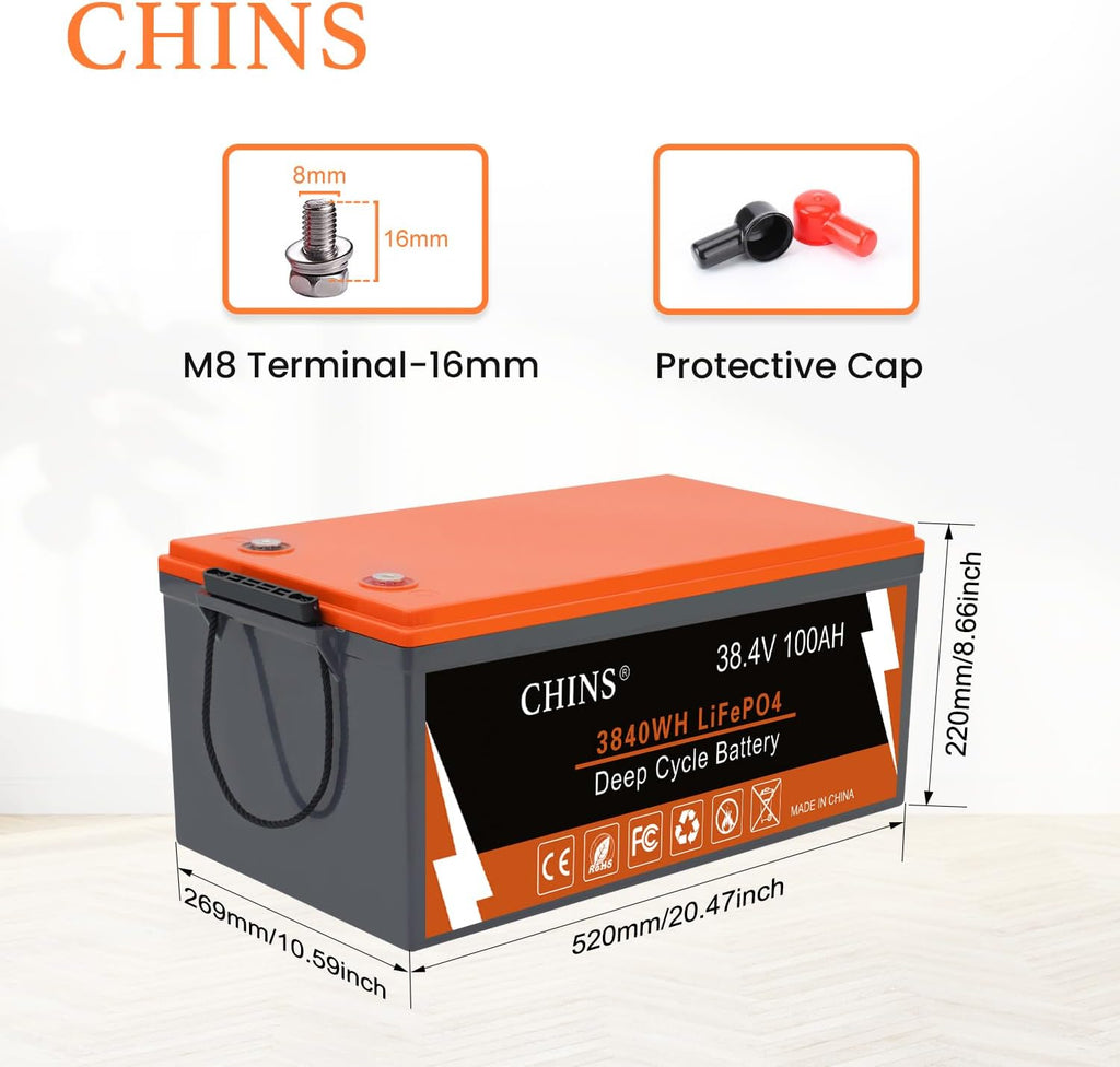 CHINS 36V Golf Cart Bluetooth LiFePO4 Battery, with 200A BMS, includes 36V 25A Lithium Charger and Monitor, 1000A Peak Current Perfect for Golf Cart, Trolling Motor etc
