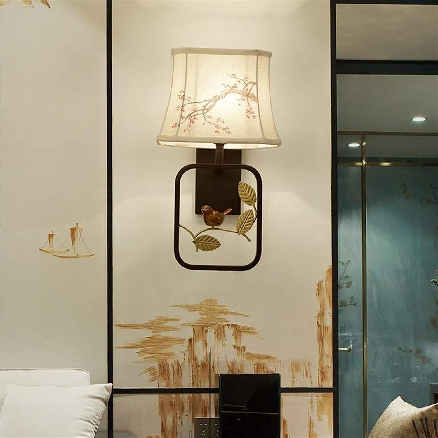 Modern Chinese Style Minimalist Bedroom Bedside Lamp Wall Lamp Indoor Toilet Black Wrought Iron Lighthouse Fabric Lampshade 1 Light Source Aisle Stairs Corridor Wall Lamp 46 * 26cm Elegant