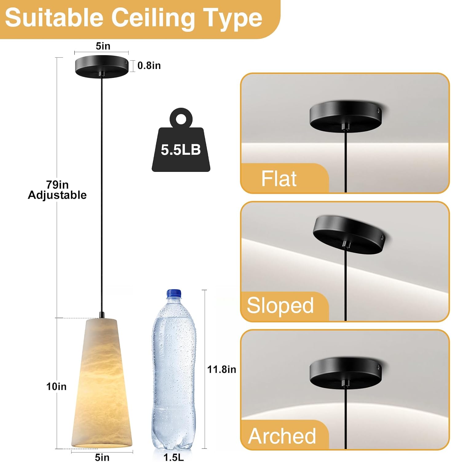 Alabaster Pendant Lights Kitchen Island 2 Pack, H-10in White Pendant Light Fixtures, Marble Conical Shade Black, Light Pendant for Bedroom Bathroom Dining Room Living Room (Dimmable Bulbs INCL)