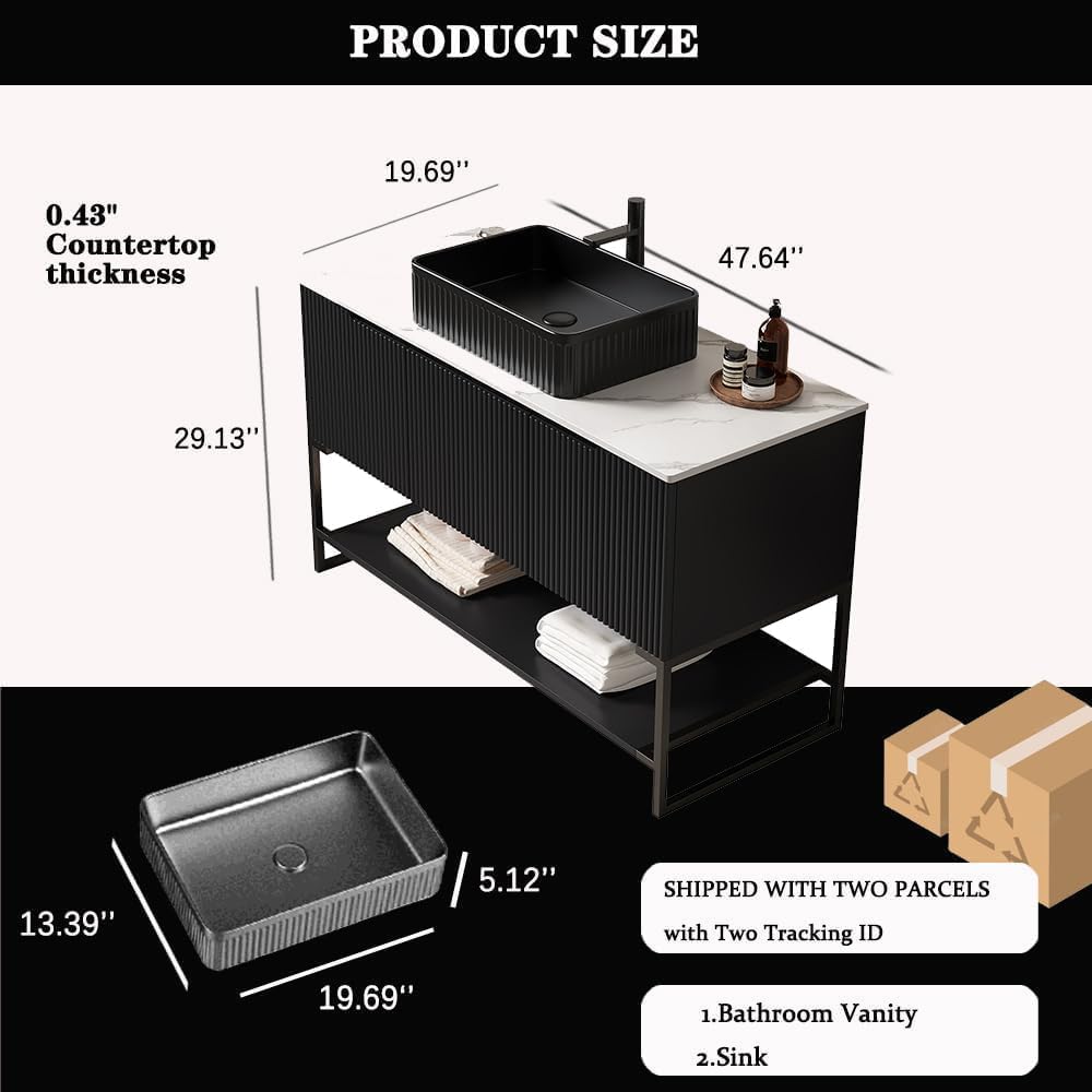 48' Bathroom Vanity with Vessel Sink & 3 Soft-Closing Doors & Open Shelf, Freestanding Bathroom Cabinet with Ceramic Basin and Carrara White Sintered Stone Counter Top-Colmar, Black