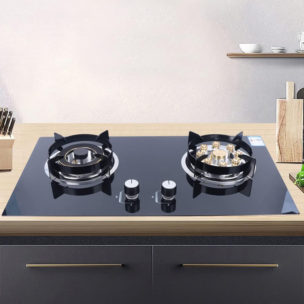 Gas Cooktop 22Inch，Built in Gas Cooktop 2 Burners Stainless Steel Stove with Conversion Kit Thermocouple Protection Center Burner with Flame Failure Protection Removable Grates and Installation