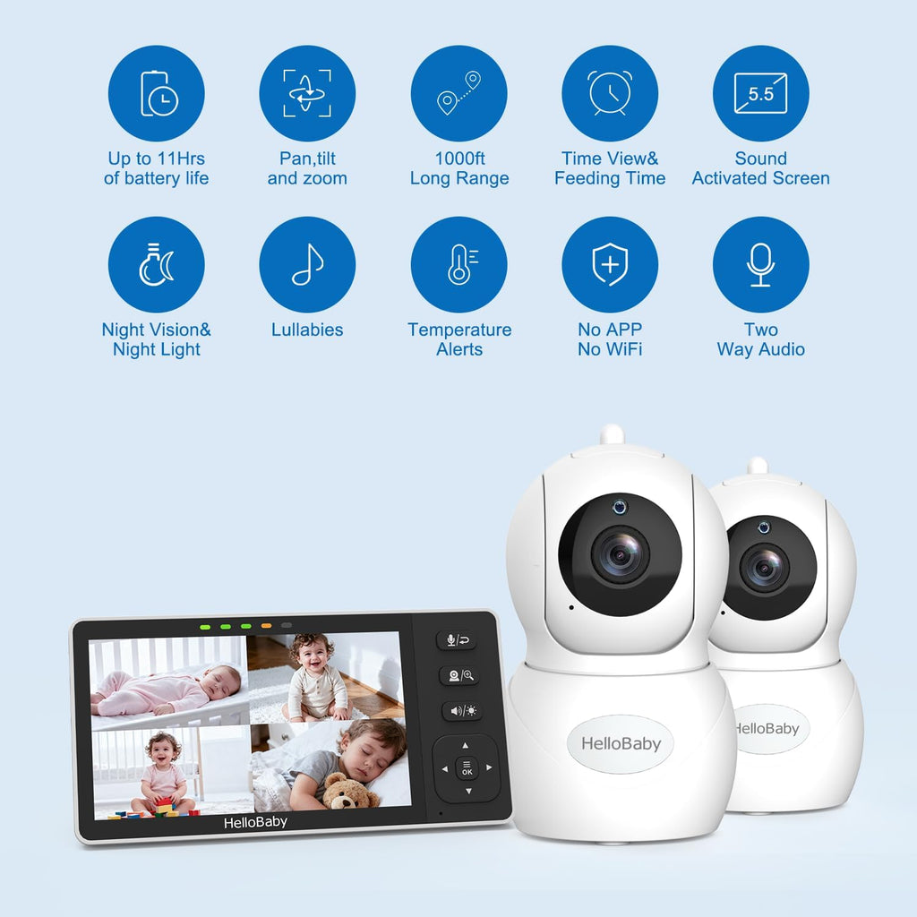 HelloBaby 5.5' 720P HD Baby Monitor with 4 Cameras,Split Screen Display,Video Baby Monitors,No WiFi,Remote Pan/Tilt/Zoom,Night Light,4000mAh Battery,Wide View,Ideal for Twins/Multiple Children