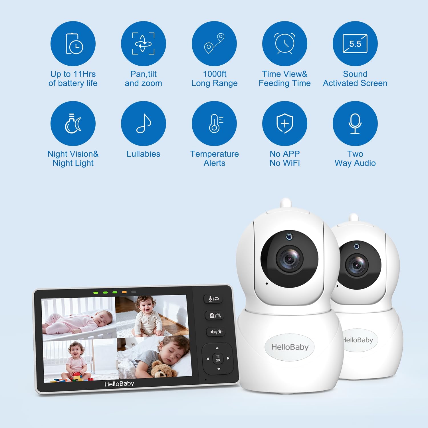 HelloBaby 5.5' 720P HD Baby Monitor with 4 Cameras,Split Screen Display,Video Baby Monitors,No WiFi,Remote Pan/Tilt/Zoom,Night Light,4000mAh Battery,Wide View,Ideal for Twins/Multiple Children