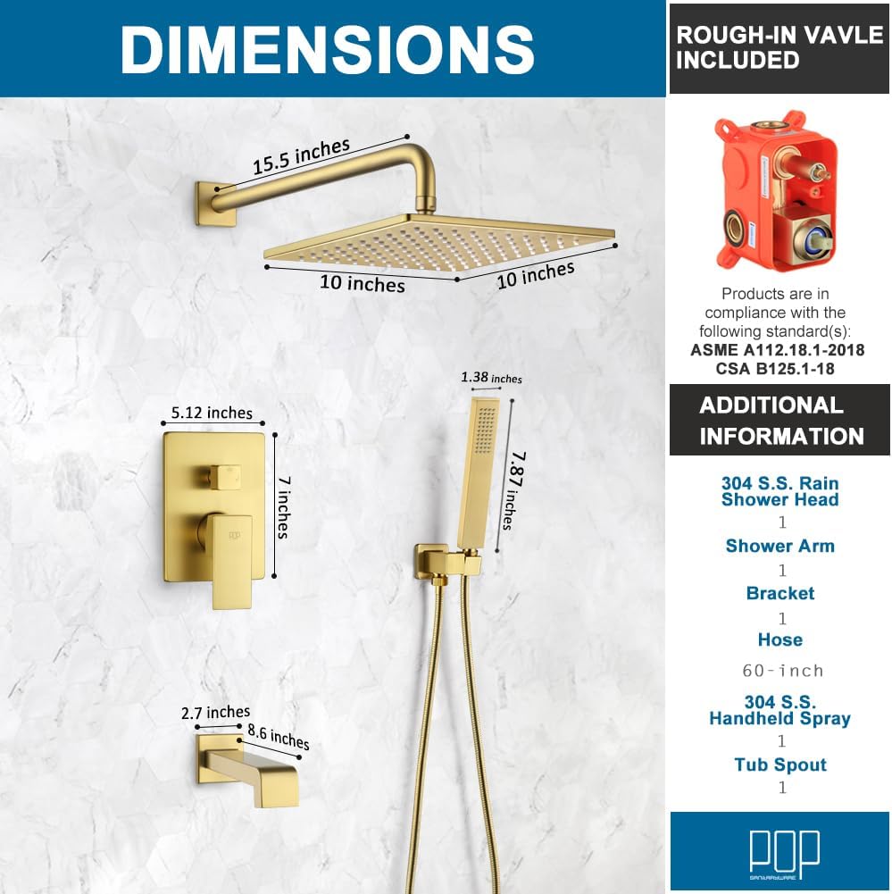 Shower Tub Faucet Set Brushed Gold Bathroom Rain Shower System with Tub Spout Wall Mounted Rainfall 10 Inch Thickened Shower Head and Handle Set Include Shower Valve and Trim Kit