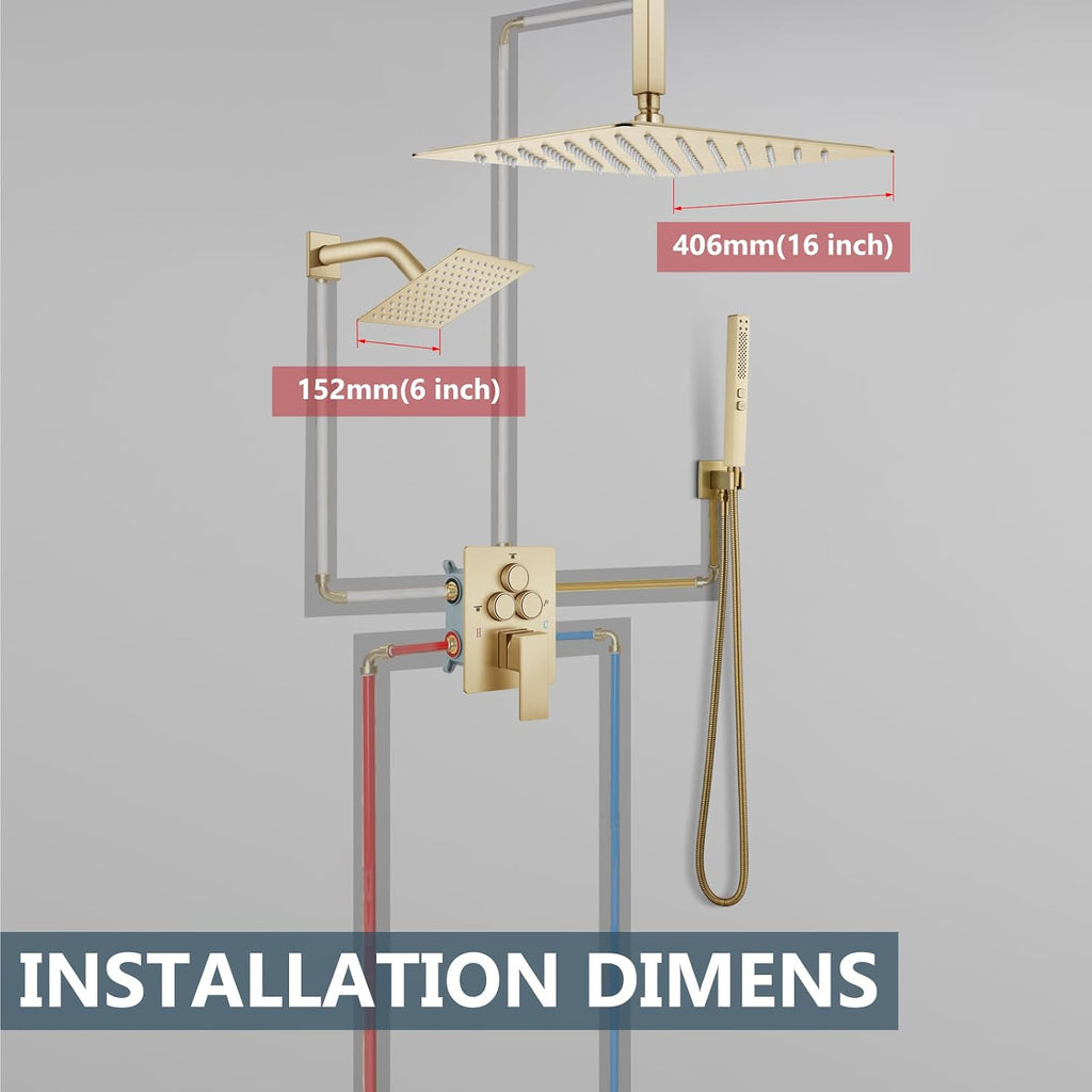 Aolemi Shower Faucet Set Ceiling Mount Shower System Rough-in Valve and Shower Trim Kit 2 in 1 Handheld Spray Push Button Diverter 16 and 6 Inch Dual Shower Head Brushed Gold