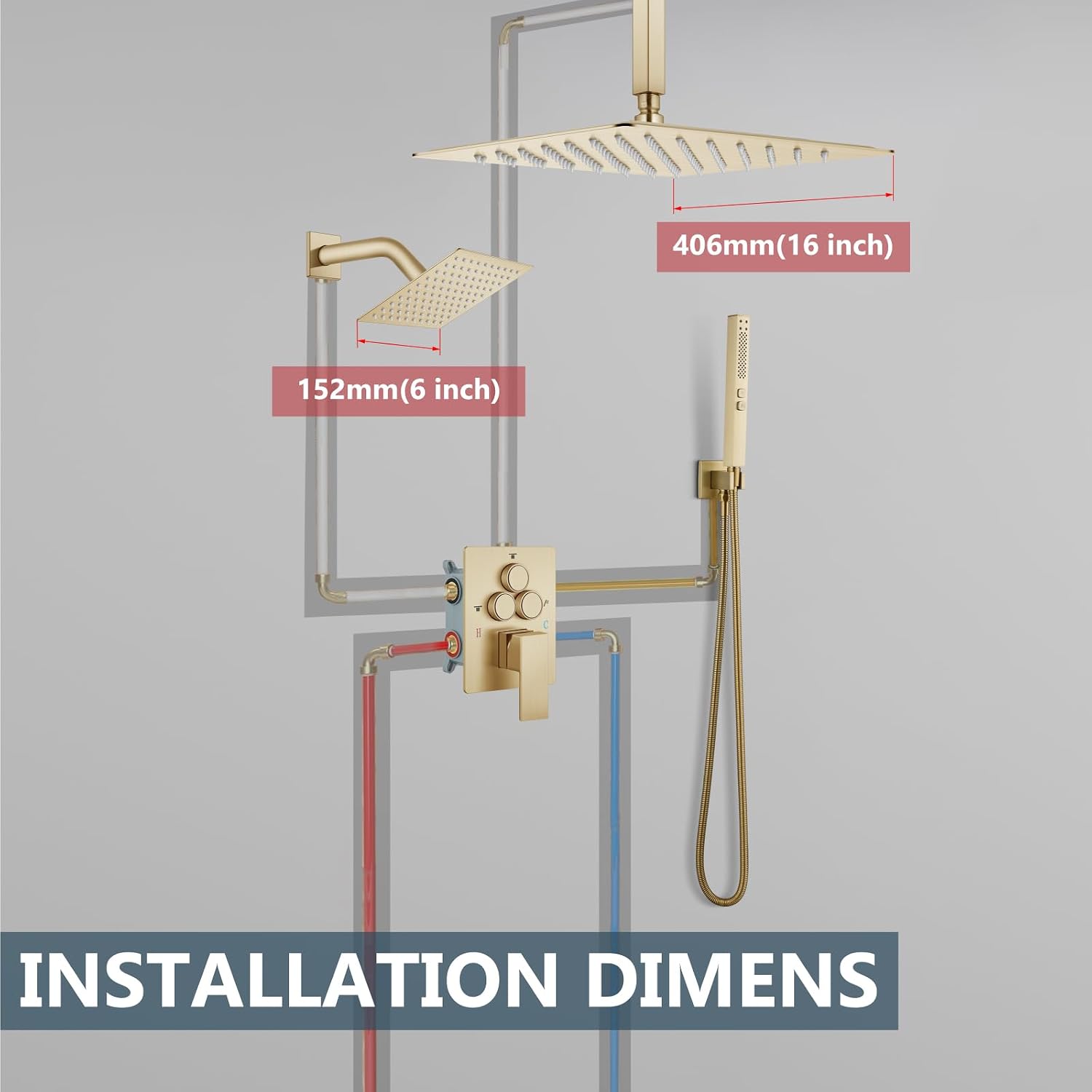 Aolemi Shower Faucet Set Ceiling Mount Shower System Rough-in Valve and Shower Trim Kit 2 in 1 Handheld Spray Push Button Diverter 16 and 6 Inch Dual Shower Head Brushed Gold