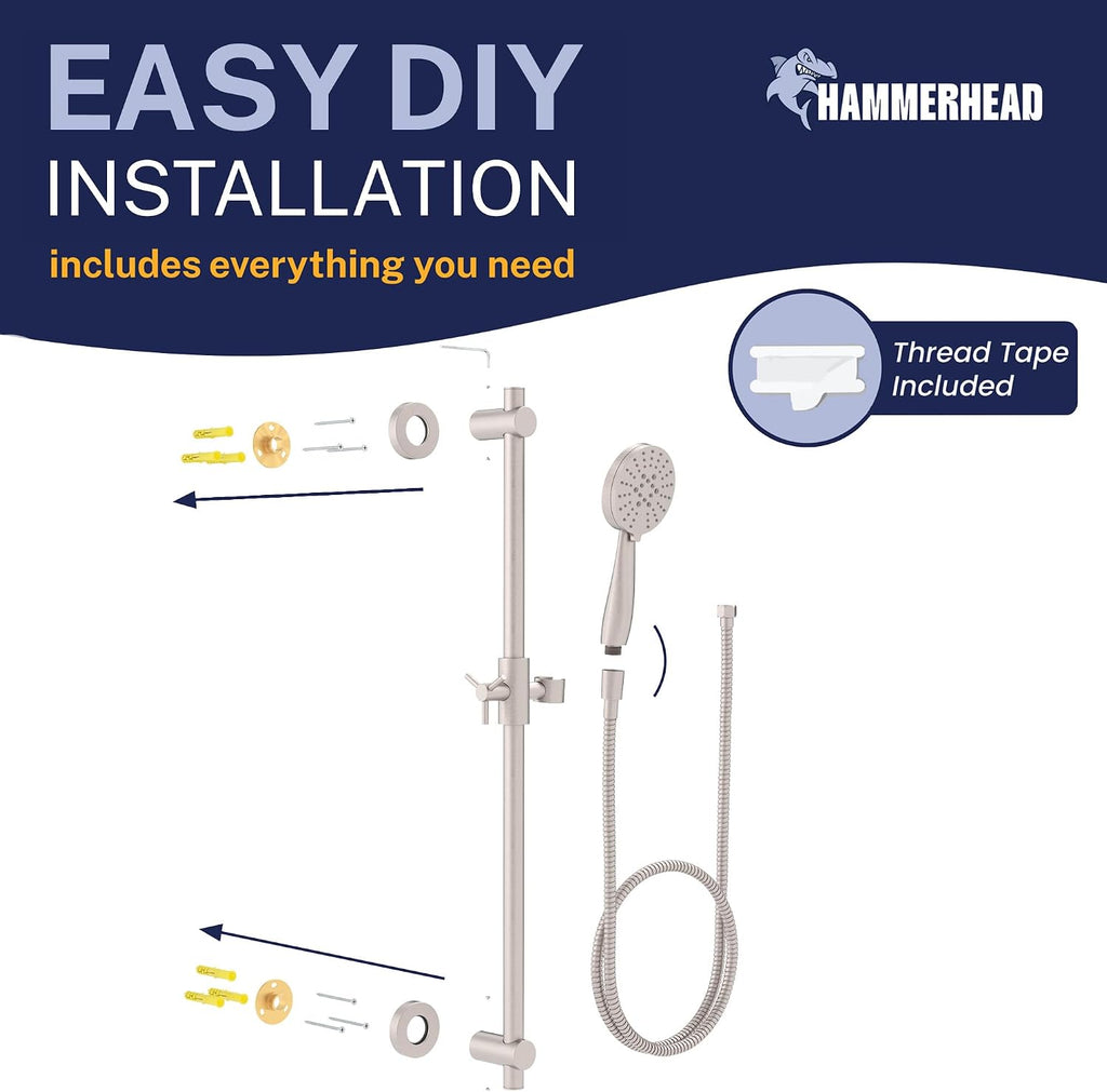 HammerHead Showers Solid Metal 27.5 Inch Shower Slide Bar with 3-Spray Handheld Shower Head with Long Hose and Holder, 1.75 GPM Low Flow Shower Head, Brushed Nickel