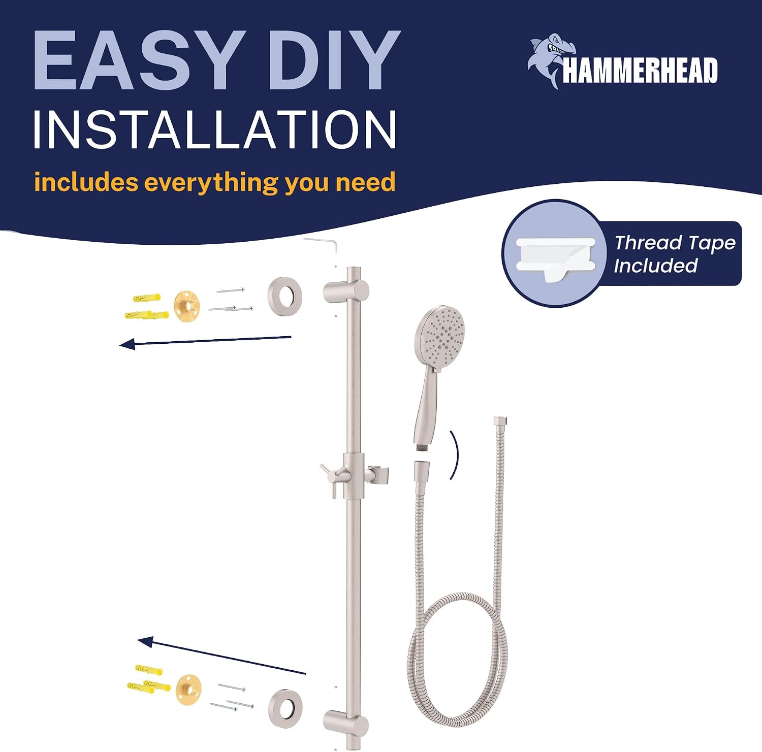 HammerHead Showers Solid Metal 27.5 Inch Shower Slide Bar with 3-Spray Handheld Shower Head with Long Hose and Holder, 1.75 GPM Low Flow Shower Head, Brushed Nickel