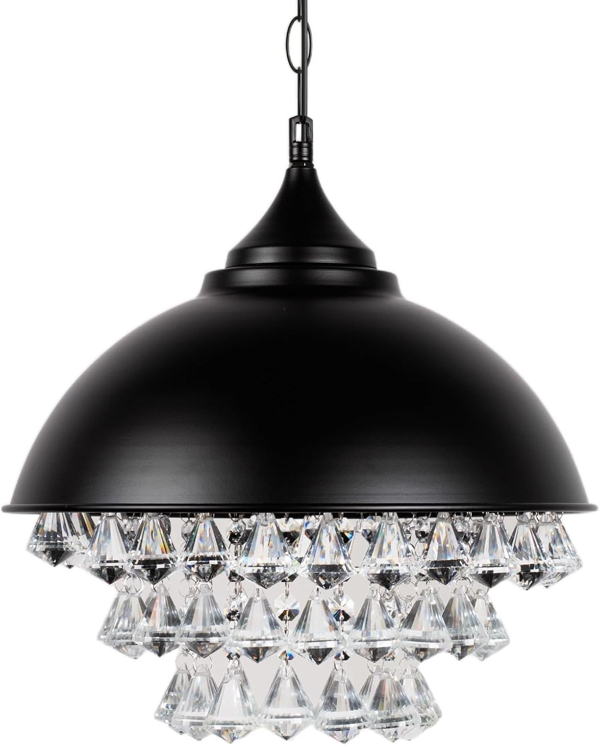 Chandelier Light, 1-Light Crystal Pendant Light,Industrial Rustic Hanging Light,Retro Black Wrought Iron Dome Shade Celling Light with Crystals for Bedroom Dining Room,Bathroom