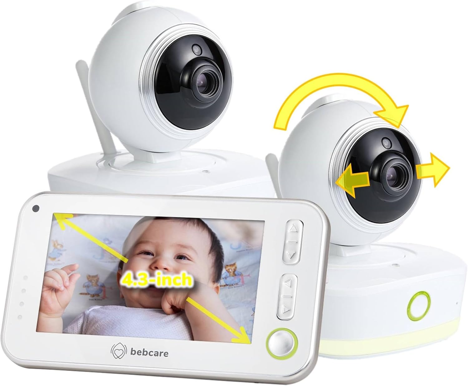 Bebcare Motion - Video Baby Monitor (2-Camera Bundle): 4.3' Ultra-Clear Screen, 360° Pan-and-Tilt Camera, Temperature Sensor, Motion and Sound Alert, Auto Baby Tracking Camera