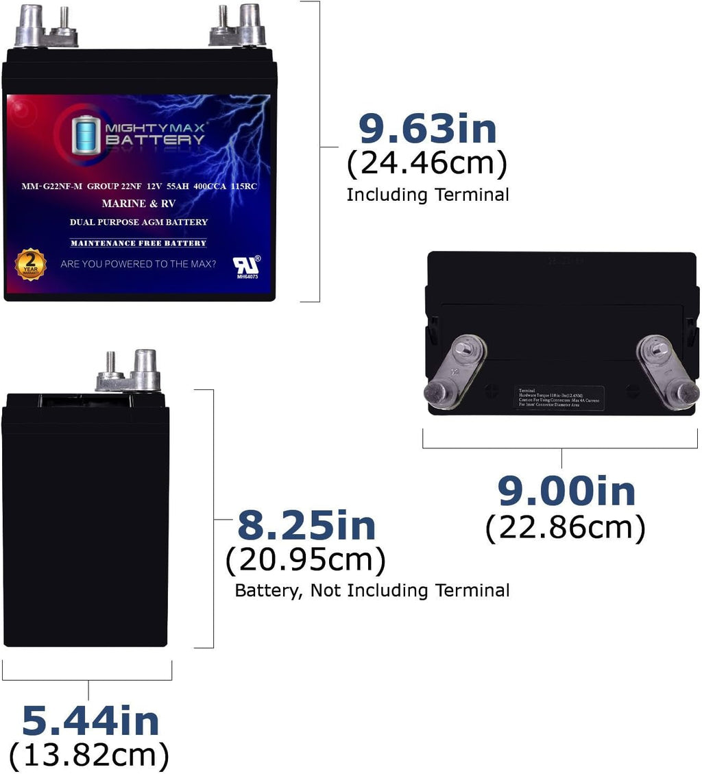 Mighty Max Battery MM-G22NF-M - 12 Volt 55 AH, Marine Post Terminal, Rechargeable SLA AGM Battery