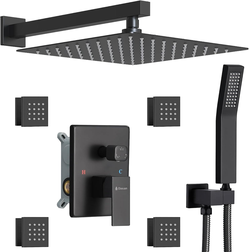 Full Body Rain Shower System with 4 Body Shower Jets & 12'' Wall Mount Rainfall Shower Head & Handheld, DASAN Multi Shower Head System Matte Black Rain Shower Faucets sets Combo with Rough-in Valve