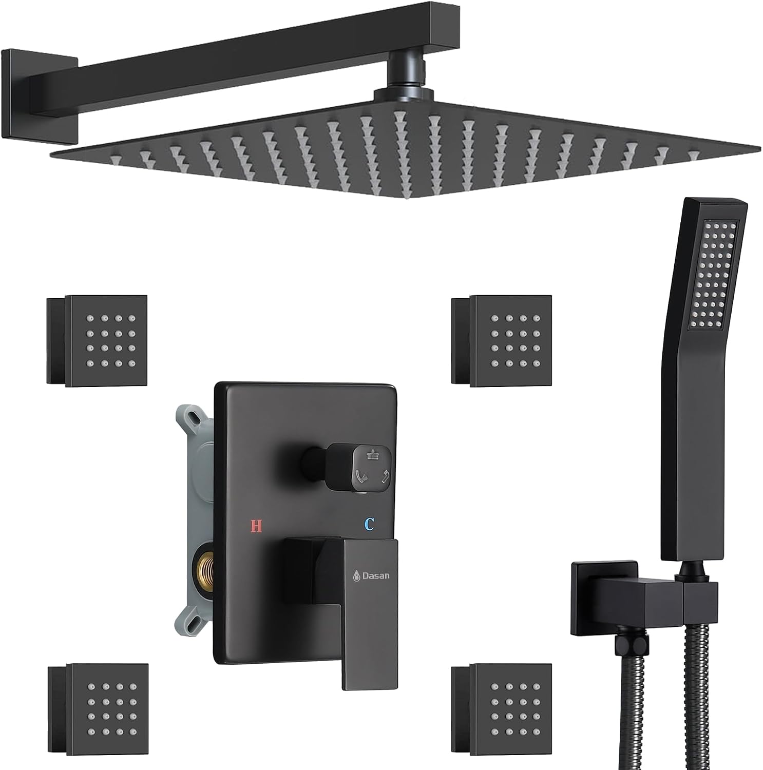 Full Body Rain Shower System with 4 Body Shower Jets & 12'' Wall Mount Rainfall Shower Head & Handheld, DASAN Multi Shower Head System Matte Black Rain Shower Faucets sets Combo with Rough-in Valve
