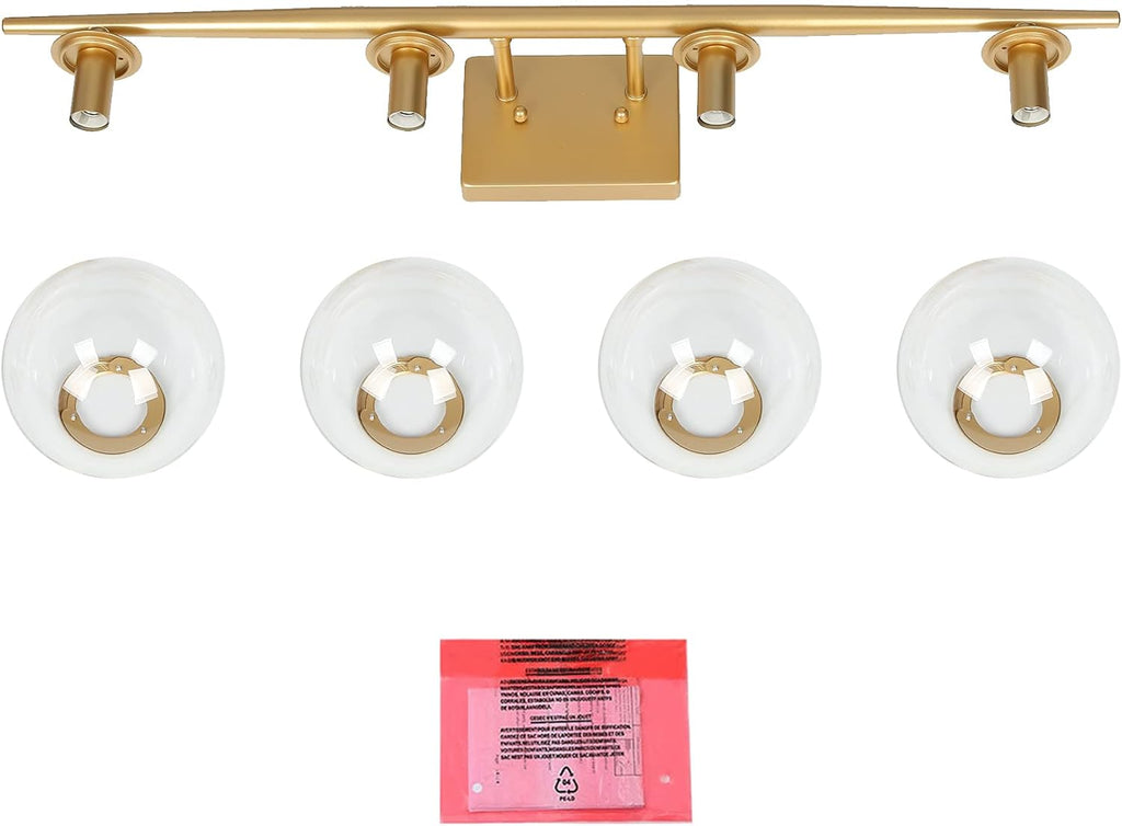 KSANA Gold Bathroom Light Fixtures, Modern Bathroom Vanity Light fixtures Over Mirror, 4 Light Bathroom Lights with Clear Globe Glass Shades and Taper Arm