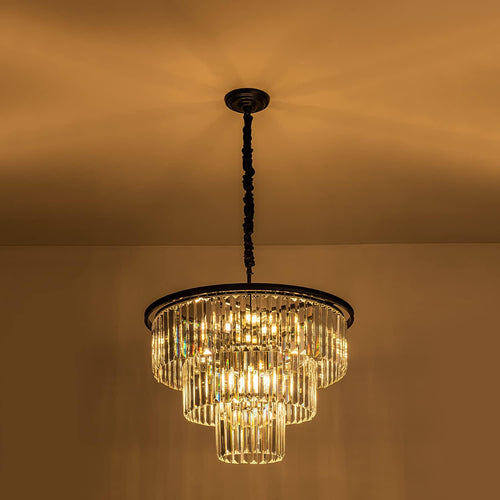 12 Lights 23.64' Black Modern Crystal Chandelier Crystal Pendant Ceiling Light Fixture 3-Tier Hanging Lighting for Dinning Room Bedroom Living Room Foyer